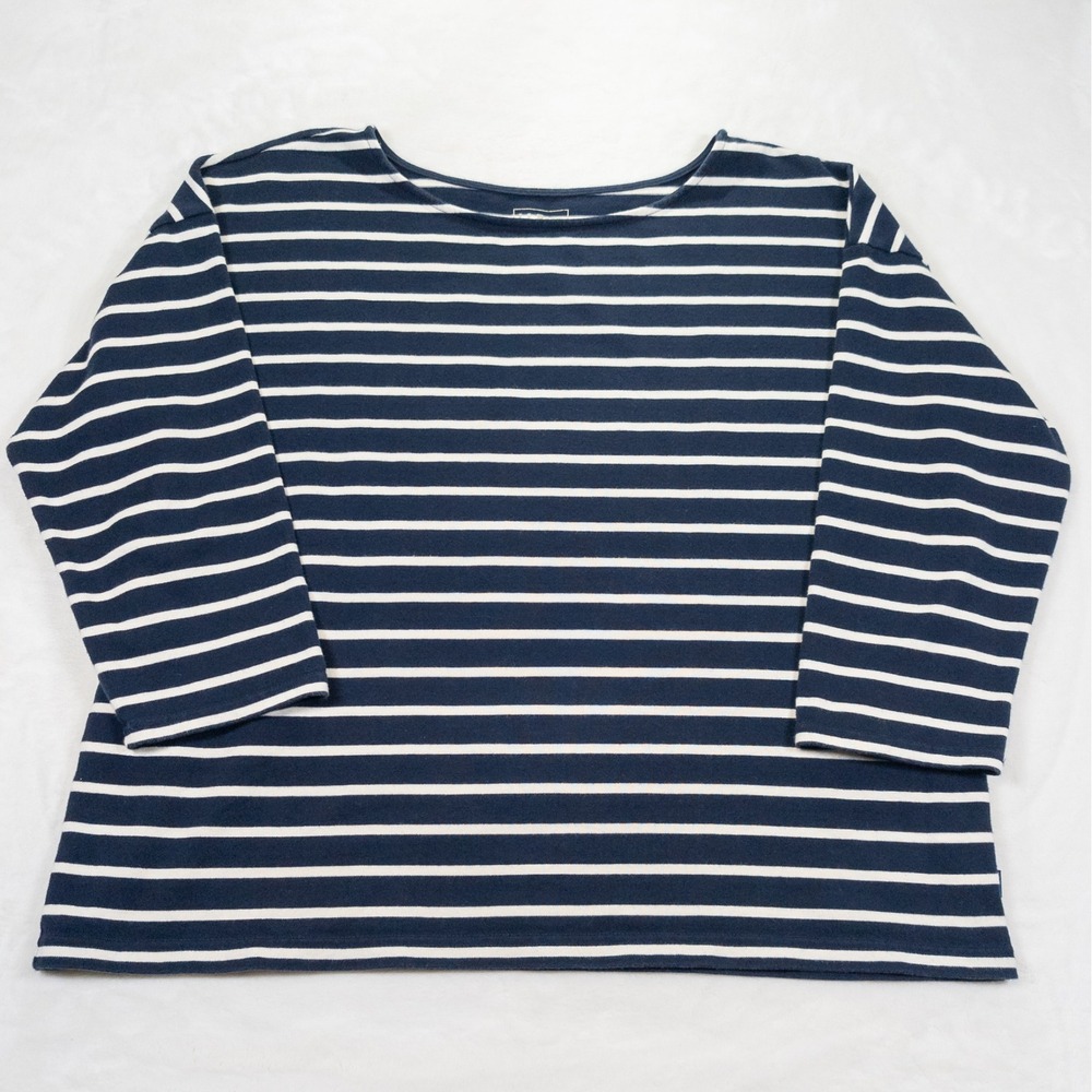 LL Bean Mariner Shirt Women L Blue White Striped Boatneck 3/4 Sleeve Nautical